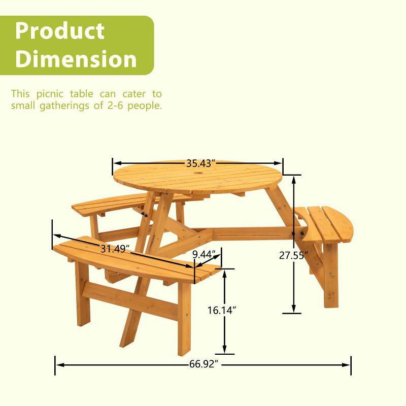 Kelly 6-Person Wooden Circular Patio Picnic Table Set with 3 Built-in Benches, Outdoor Furniture - The Pop Home, 3 of 8