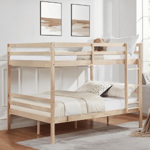 MAYEERTY Full over Full Bunk Bed with Ladder, Wooden Bed Frame with High Guardrail and Ladder for Kids, No Box Spring Needed, Natural - 1 of 4