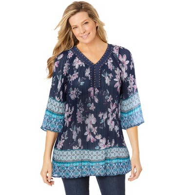 Woman Within Plus Size Embellished Pleated Blouse