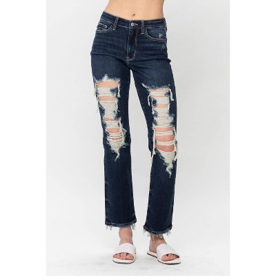Women's Mid Rise Ripped Straight Denim Jeans - Judy Blue