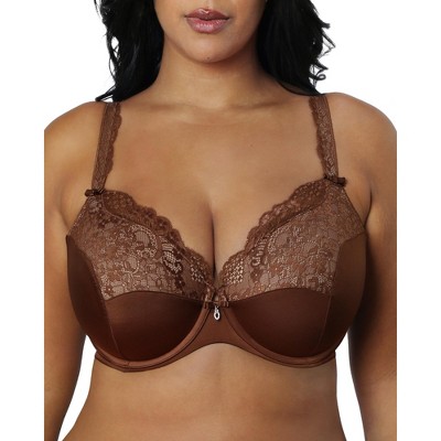 Curvy Couture Women's Solid Sheer Mesh Full Coverage Unlined Underwire Bra  Chocolate 34DDD