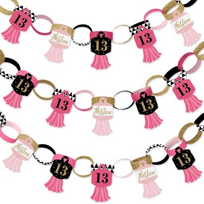 Big Dot of Happiness Chic 13th Birthday - Pink, Black & Gold - 90 Chain Links and 30 Paper Tassels Decor Kit- Birthday Paper Chains Garland - 21 feet