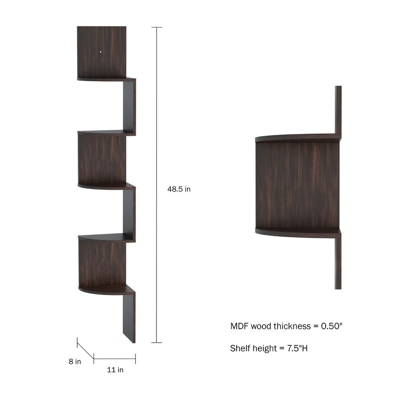 Floating Corner Shelf- 5 Tier Wall Shelves with Hidden Brackets to Display Décor, Books, Photos, More- Hardware Included by Lavish Home (Dark Brown), 4 of 9