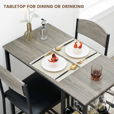 3 Piece Bar Table and Chair Set with Storage & Wine Racks, Dining Table Set with PU Chairs, Space-Saving Kitchen Furniture for Compact Room