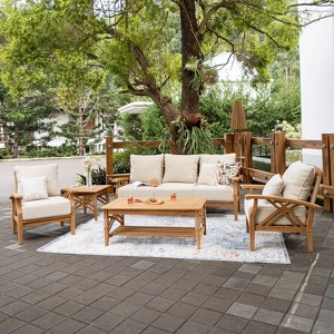 Cambridge Casual 5pc Carmel Teak Wood Outdoor Patio Conversation Set with Tan Cushions - 1 of 4