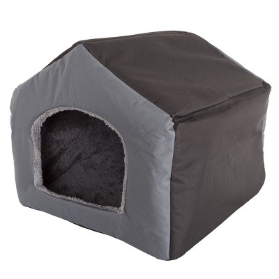 Small Gray Canvas House-Shaped Pet Bed with Sherpa Lining