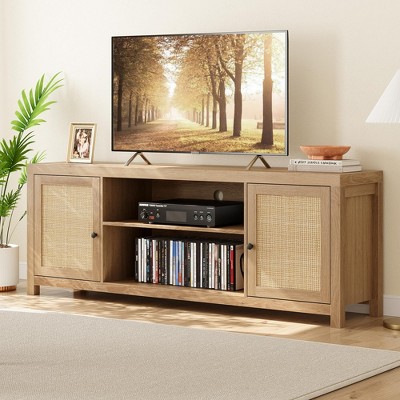 Boho TV Stand for 75 Inch, Rattan Entertainment Center With 2 Doors and Adjustable Shelves