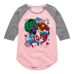 Girls' - Marvel - Avengers America Stickers Style Shirt Tail Raglan Graphic T-shirt - 1 of 3
