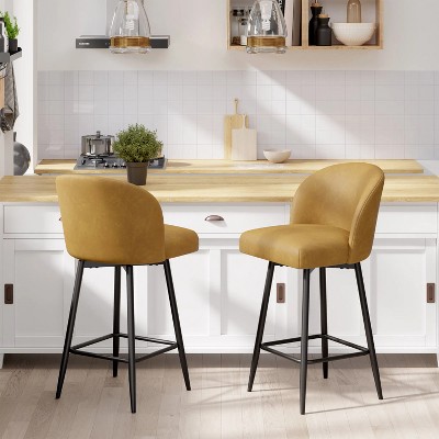 Yellow PU Leather Bar Height Bar Stool, Set of 2, 360° Swivel Upholstered Bar Stool