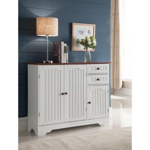 Kings Brand Furniture Habar 3-Door Wood Kitchen Storage Buffet Cabinet, White/Walnut - 1 of 4