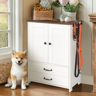 Akoasm Double-Door Storage Cabinet with 2 Adjustable Dog Bowls & 3 Hooks-White