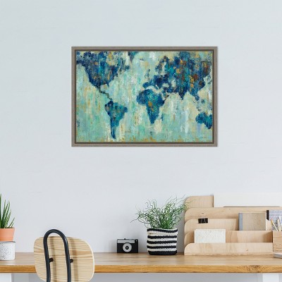 Impressionist Blue and Gold World Map Canvas Print with Gray Frame