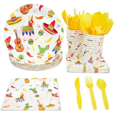 Blue Panda 144 Piece Disposable Mexican Themed Dinnerware Set, Fiesta Birthday Party Decorations (Serves 24)