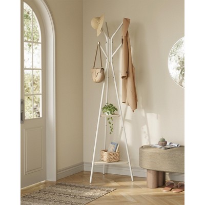 White and Light Brown Freestanding Coat Rack with Shelves