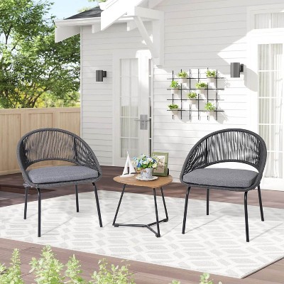 My Depot Outdoor Rattan Chair 3 Piece Set Woven Rope Furniture with Wooden Coffee Table and Cushioned Chairs for Garden, Backyard, Deck, Poolside