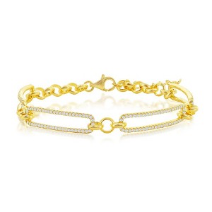 Bella Silver Sterling Silver, CZ Paperclip Bracelet - Gold Plated - Gold - 7+1 Inch - 1 of 3