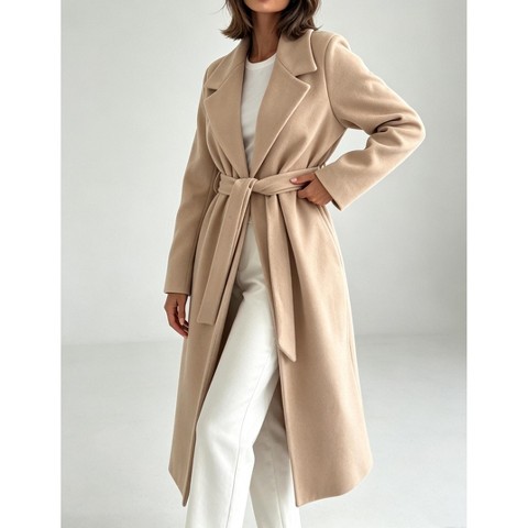 Женская куртка YesFashion Women Lapel Belted Midi Coat Open Front Long Sleeve Wrap Trench Outerwear, Khaki, цвет: Хаки