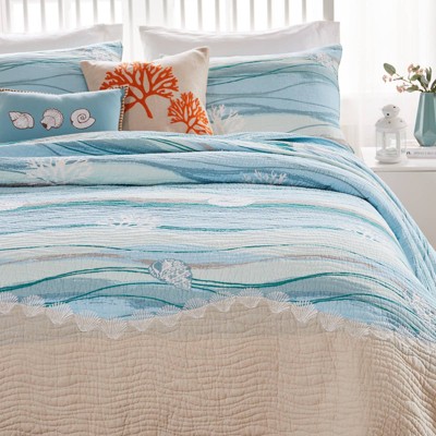 Maui Coastal Blue Cotton Reversible King Quilt Set