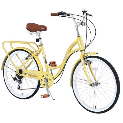 7 Speed, Steel Frame, Multiple Colors 24 Inch Ladies Bicycle, Beach Cruiser Bike, with Front and Rear Double V Brakes, City Commuter Bikes For Cycling