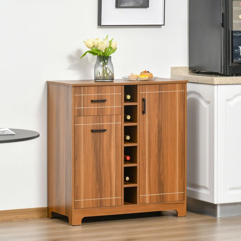 HOMCOM Retro Wine Cabinet for 6 Bottles, Wine Rack Sideboard Serving Bar with Glass Holders and 1 Drawer, Brown, 2 of 7