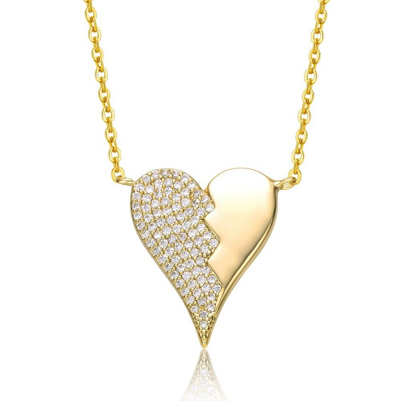 14k Yellow Gold Plated with Cubic Zirconia Broken Cracked Zig-Zag Half & Half Stolen Heart Pendant Necklace, 1 of 4