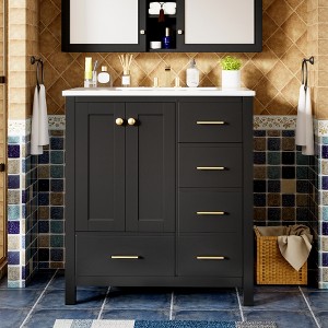 Vynxaria 30'' Bathroom Vanity Set: Solid Wood Frame, Ceramic Sink, 4 Drawers & Soft Closing Doors, Freestanding, Black Finish - 1 of 4