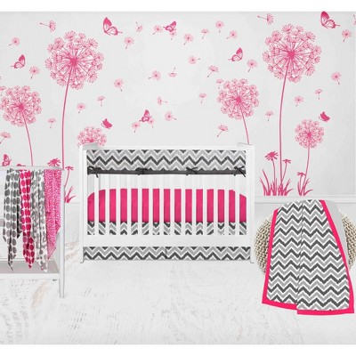Bacati - Ikat Dots Leopard  Pink Grey Muslin Girls 8 pc Crib Set with Crib Rail Guard