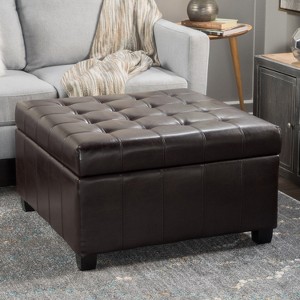 Vynxaria Elegant Storage Ottoman with Button-Tufted Waffle Stitching and Birch Legs,Brown - 1 of 4