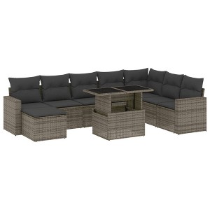 vidaXL 9 Piece Patio Sofa Set with Cushions Poly Rattan - Gray without storage - 1 of 4