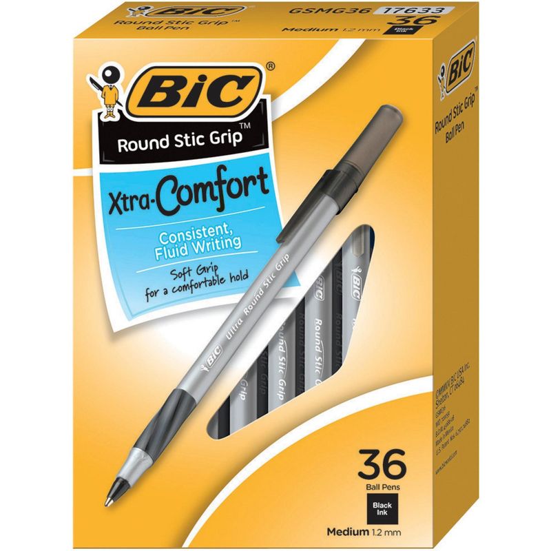 BIC Xtra Comfort Round Stick Pen, 1.2 mm Medium Tip, Black, Pack of 36, 1 of 2