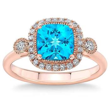 Pompeii3 2Ct TW Blue Cushion Topaz & Diamond Halo Engagement Ring in 14k Rose Gold