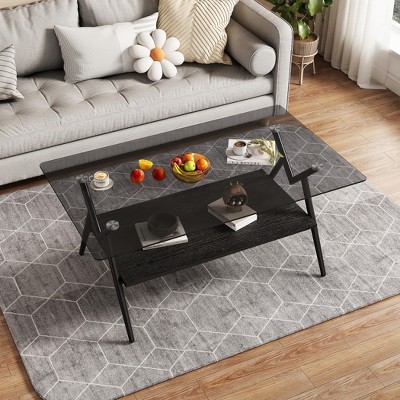Rectangle Coffee Table, with Tempered Glass top, Metal Legs and MDF Shelf, Modern Table for Living Room