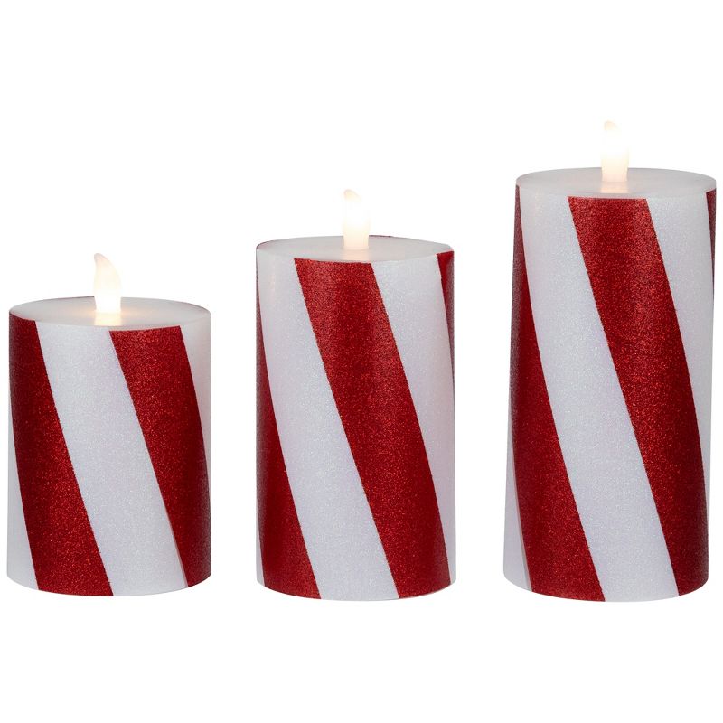 Northlight Set of 3 Candy Cane Stripes Flameless Flickering LED Christmas Wax Pillar Candles 6", 1 of 7