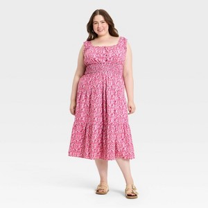 Women's Sleeveless Button-Front Smocked Maxi Empire Waist Dress - Universal Thread Pink Floral 4X