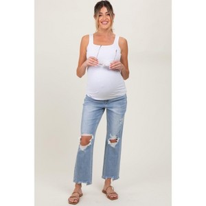 Pinkblush Light Blue Distressed Cutout Maternity Straight Leg Ankle Jeans - 1 of 4