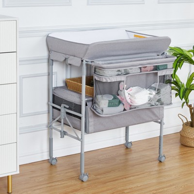 Image of Whizmax Portable Baby Changing Table, Foldable Diaper Change Table with Drawers, Wheels, Adjustable Height, Changing Station for Newborn, Grey