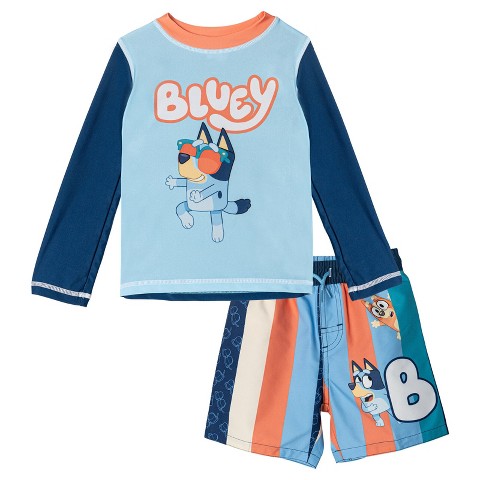 Bluey Little Boys Raglan Rash Guard and Swim Trunks UPF 50+ Outfit Set Sky Blue / Navy / Orange 5-6