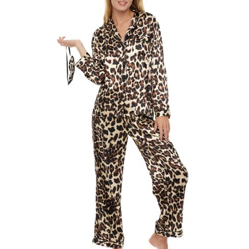 Adr Women\'s Satin Pajamas Set, Pants Target Top Down Button Sleeve Leopard Print Silk Long Like And 2x With Pockets, Pjs Large Matching 