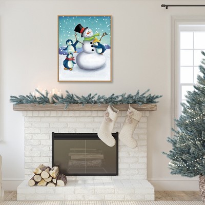 Joyful Snowman and Penguins Framed Canvas Wall Art