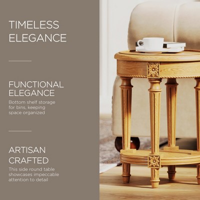 Antiqued Natural Round Wooden Side Table with Carved Details