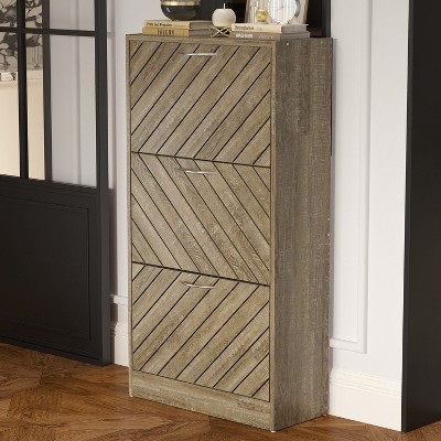 Famapy Brown Woodgrain 3 Drawer Flip Up Shoe Cabinet Openwork