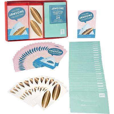 SCS Direct Shark Valentine's Day Card Set for Kids, 24 Card Pack & Envelopes w Tattoos - Great for School Classroom Exchange Parties - Boys & Girls 4+