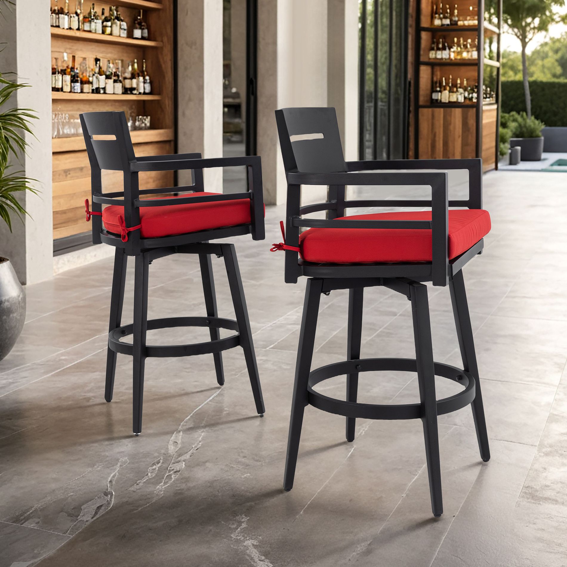 UNISOAR Modern Outdoor 2-Piece Swivel Bar Chairs – Aluminum Frame with Ember Black, 360° Swivel, Ergonomic Backrest & Armrests