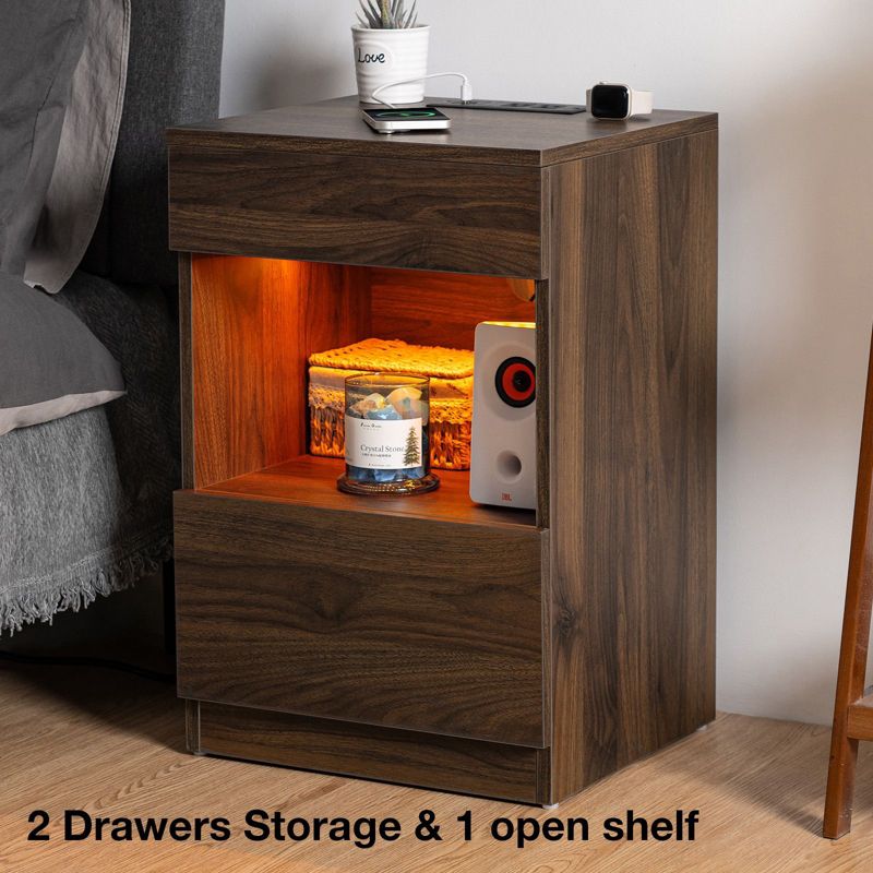 Hommpa 2 Drawers Nightstand Open Shelf with LED light + Charging Station, 2 of 10