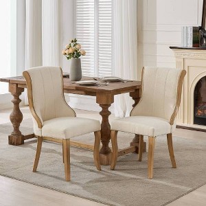 Ridstar Set of 2 Medieval-Style Upholstered Velvet Dining Chair with Curved Wood Trim and Carved Legs-Beige - 1 of 4