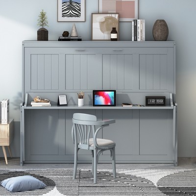 Full Size Murphy Bed with Hydraulic Lift and Desk Design