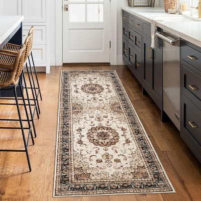 Oriental Medallion Rug - Kid and pet friendly washable vintage floral carpet with non-slip backing