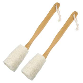 Unique Bargains Bath Brush Wood Back Scrubber with Long Handle for Shower 3.9 Inches Brown Beige 2 Pcs