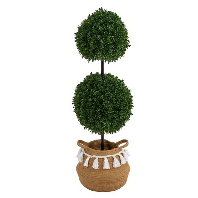 Nearly Natural 3.5-ft Boxwood Double Ball Topiary Tree in Boho Chic Handmade Natural Planter UV Resistant