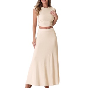 Allegra K Women's Two Piece Ribbed Knit Crew Neck Short Sleeve Cropped Top and Elastic Waist A-Line Midi Skirt Set - 1 of 4